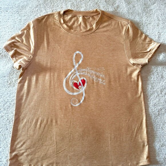 Tan Music Tee Treble Clef Heart Graphic Size XL Casual Minimalist Boho Western - Picture 3 of 6
